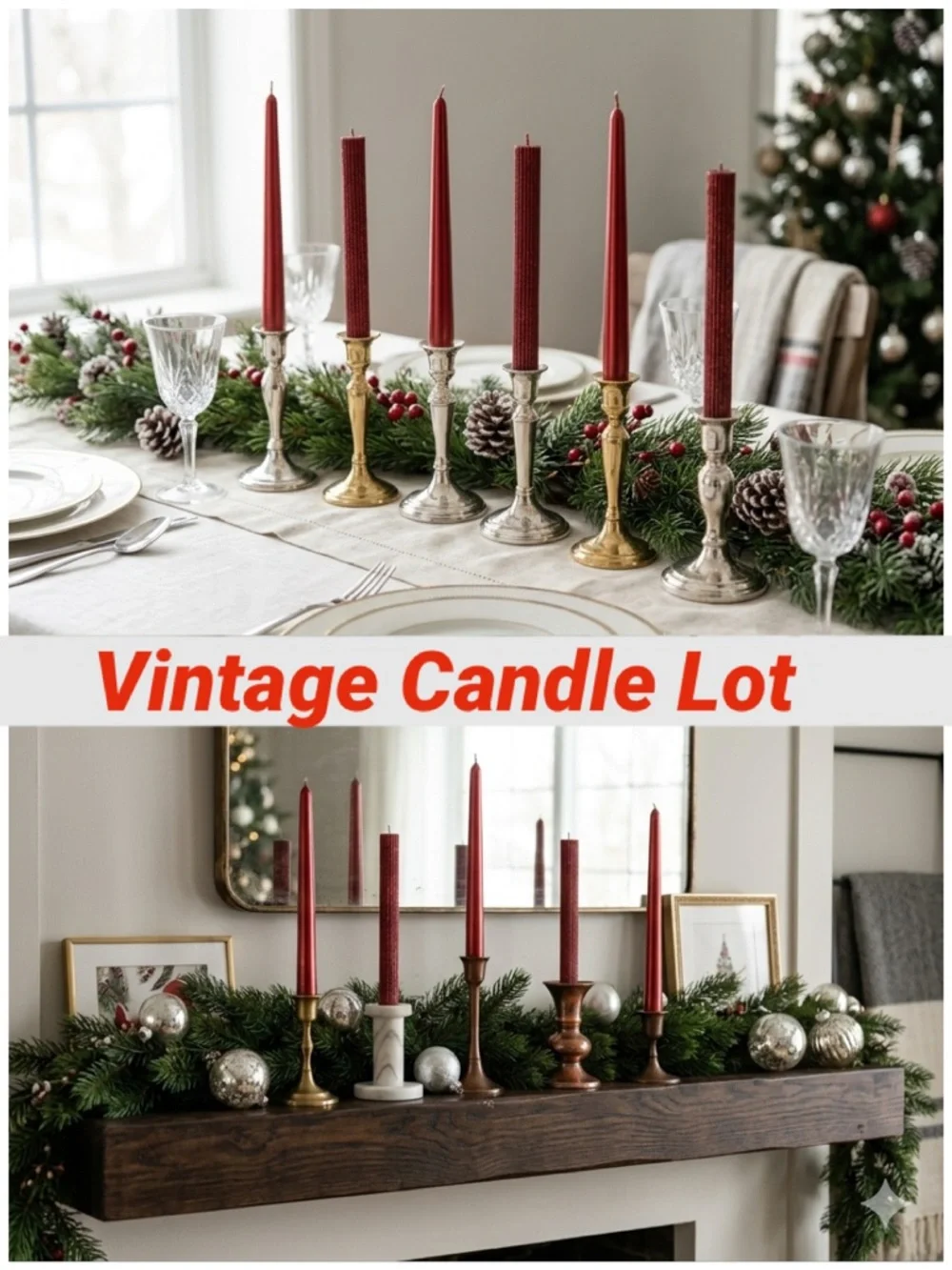 Red Glitter Taper Candle Set Metallic Rare Vintage Holiday Decoration Lot Bundle